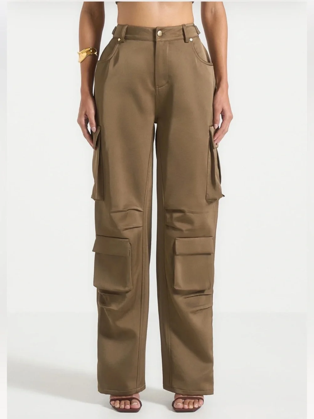 Maniere De Voir Emilie Satin High Waisted Cargo Pants Dark Olive Wide Leg Zip 0 - Picture 7 of 17